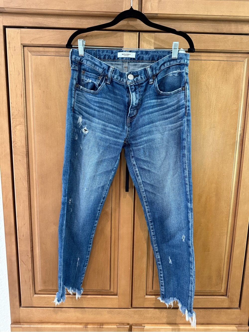 Moussy Washed Blue Cropped Distressed Jeans